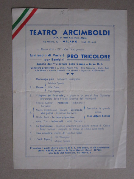 Volantino TEATRO ARCIMBOLDI Milano. Spettacolo per bambini PRO TRICOLORE 1937 …