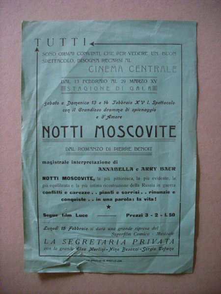 Volantino Cinema Centrale "NOTTI MOSCOVITE" Marzo XV Sant'Angelo Lodigiano