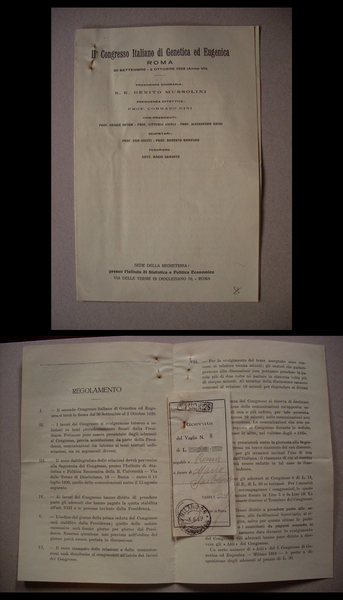 Regolamento+ricevuta II°Congresso Italiano di Genetica ed Eugenica ROMA 1929. Presidenza …