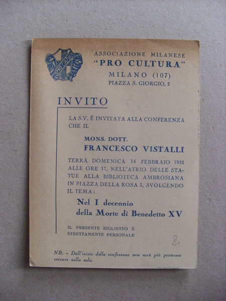 Invito Conferenza Francesco Vistalli. Associazione Militare PRO CULTURA - MILANO. …