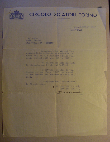 Invio su carta intestata CIRCOLO SCIATORI TORINO 1939 con firma …