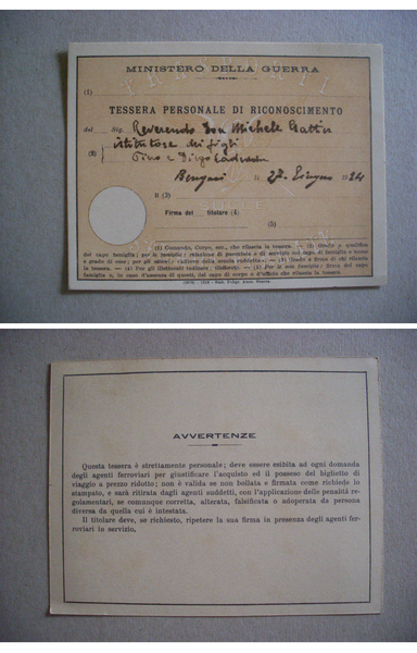 *Tessera personale di Riconoscimento MINISTERO DELLA GUERRA Bengasi 1924