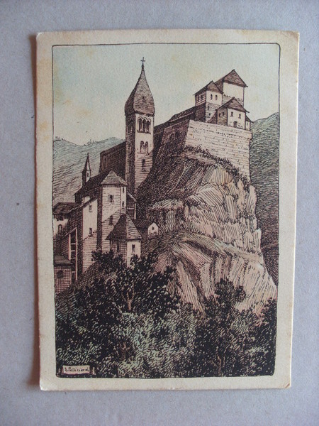 Cartolina / postcard incisione acquarellata Castello di S.Pietro - Valle …