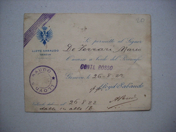 Biglietto di trasporto Priroscafo CONTE ROSSO Lloyd Sabaudo GENOVA. 1922