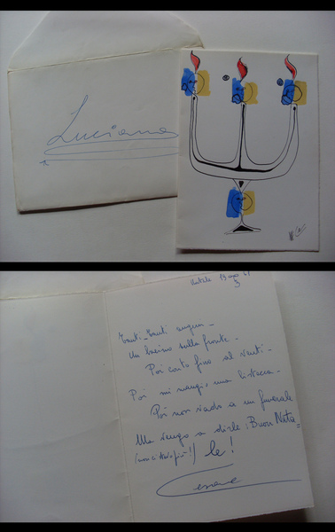Biglietto augurale + busta disegnato e scritto da CESARE RIVA …