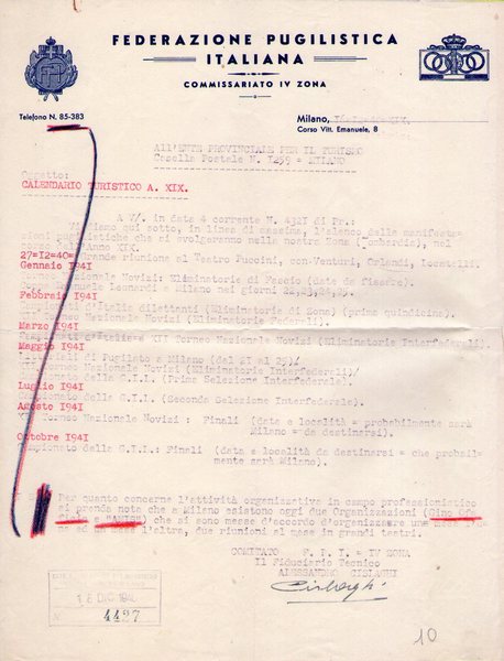 Invio "Federazione Pugilistica Italiana. Commissariato IV zona. 1940"