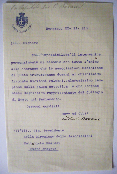 Lettera con firma, intestata Camera dei Deputati. PAOLO BONOMI (BERGAMO1861 …