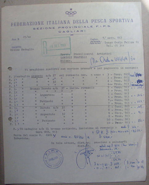 Fattura Federazione Italiana Pesca Sportiva Sezione Provinciale CAGLIARI 1963 (alla …