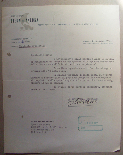 Fattura Fiera di ANCONA Mostra Mercato Internazionale Pesca 1955 (Ditta …