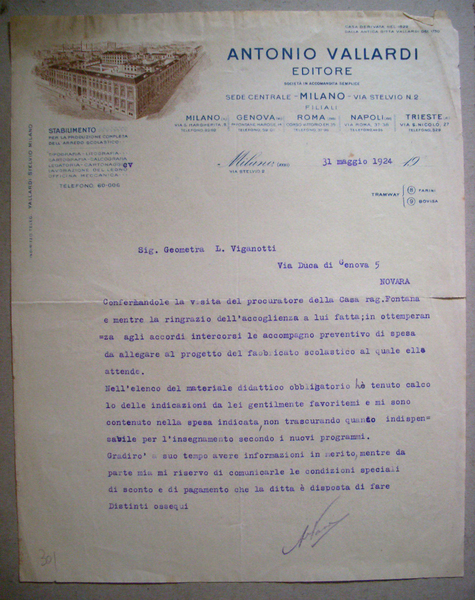 Invio su carta intestata "Antonio Vallardi Editore" MILANO 1924