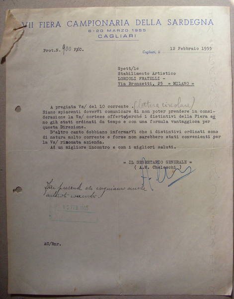 Fattura VII Fiera Campionaria della Sardegna - CAGLIARI 1955 (alla …