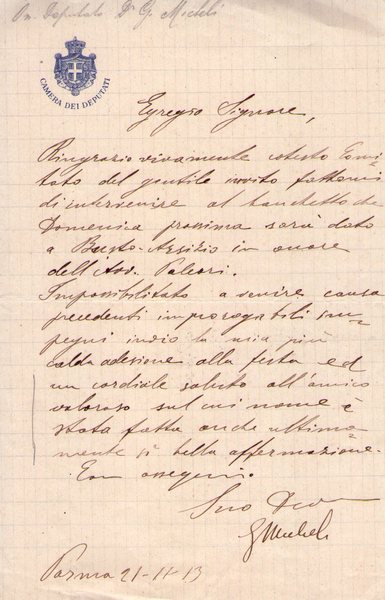 GIUSEPPE MICHELI.Lettera intestata Camera dei Deputati. Manoscritta e firmata. Parma …