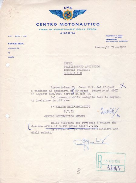 Fattura Centro Motonautico Fiera Internazionale della Pesca - ANCONA 1962 …