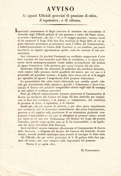 Avviso ai signori Ufficiali provvisti di pensione di ritiro, d'aspettativa, …