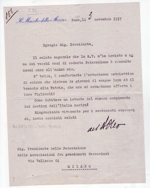 Alberto Del Bono. (Golese,1856 – Roma, 1932). Politico italiano, Ministro …