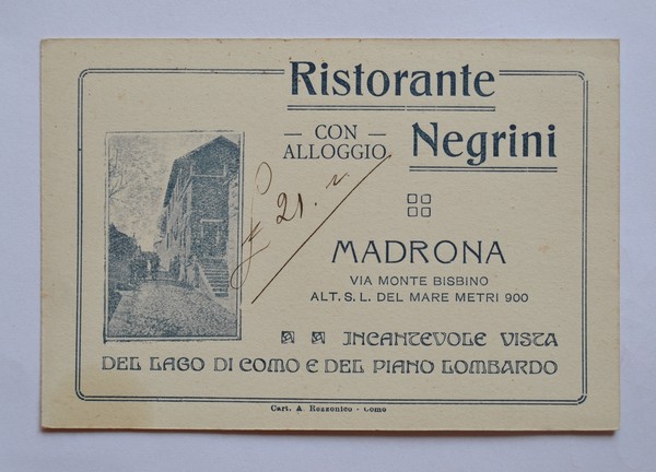 Biglietto pubblicitario Ristorante NEGRINI con alloggio - MADRONA (Lago di …