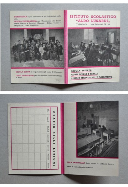 Depliant Istituto Scolastico "Aldo Lusardi" CREMONA. Anni'30