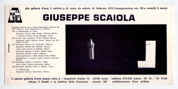 Invito GIUSEPPE SCAIOLA. Galleria d'Arte IL SALOTTO - Roma. 1979