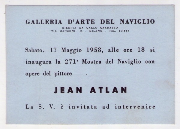 Cartolina/invito Mostra JEAN ATLAN. Galleria d´Arte del Naviglio di Carlo …