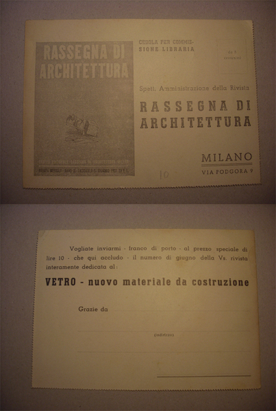 Cartolina / Cedola per commissione libraria "Rassegna di Architettura" MILANO