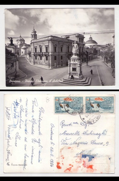 Cartolina/postcard Oristano - Piazza Eleonora d'Arborea. 1956