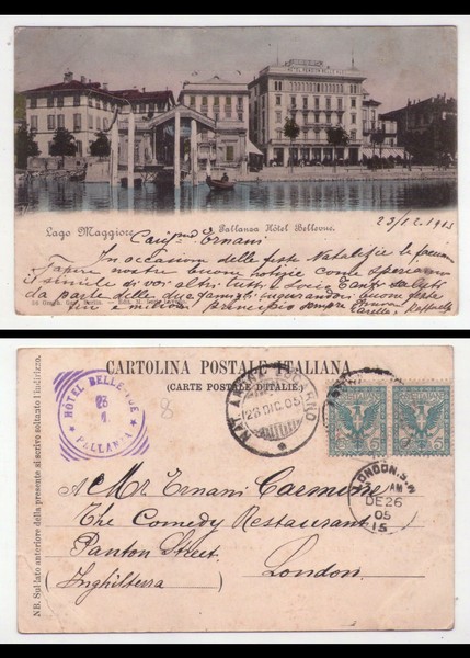 Cartolina/postcard Lago Maggiore - Pallanza (Verbania) Hotel Bellevue. 1905