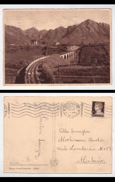 Cartolina/postcard BELLUNO - Viadotto della ferrovia sull'Ardo. 1941