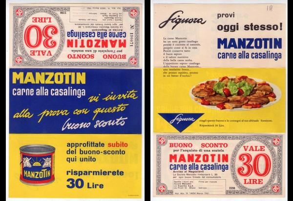 BUONO SCONTO Vale 30 Lire MANZOTIN Carne alla casalinga. 1961