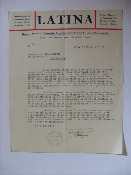 Lettera LATINA Rassegna Mensile di Propaganda,Arte,Letteratura,Politica,Economia,Cinematografia ROMA 1942