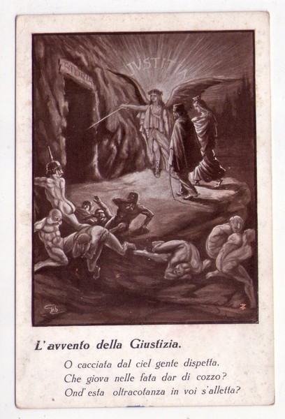 Cartolina satirica Garibaldi - L'avvento della Giustizia. ill. Gibelli (Divina …