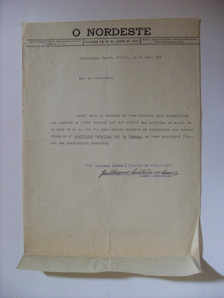 Lettera O NORDESTE - Diario Vespertino de Orientação Catolica 1939