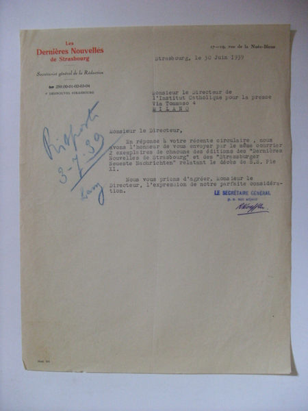 Lettera Les Dernières Nouvelles de Strasbourg 1939