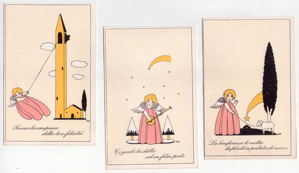 3 Cartoline Buon Natale (angelo - stalla cometa) Tipografia. Schor …