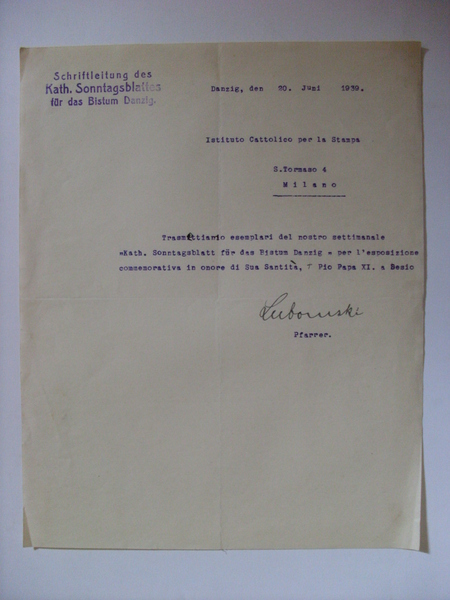Lettera / Invio Schriftleitung des Kath. Sonntagsblattes fur das Bistum …