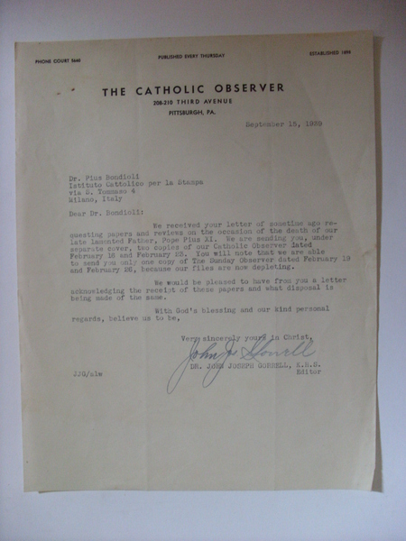 Lettera / Invio THE CATHOLIC OBSERVER - Pittsburgh 1939