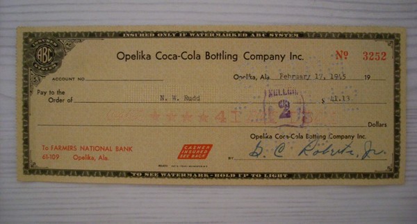 Cambiale/promissory note COCA COLA - Farmers National Bank OPELIKA (Alabama) …