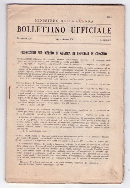 MINISTERO DELLA GUERRA. Bollettino ufficiale. Dispensa 25. 1937 6 Maggio. …