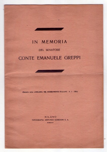 In memoria del Senatore Conte Emanuele Greppi. 1931