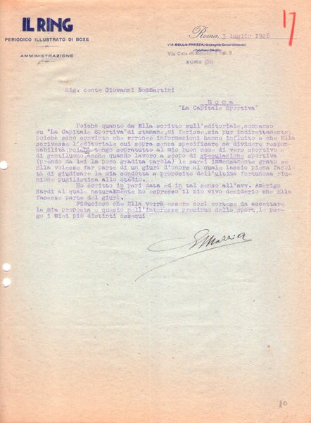 Invio su carta intestata IL RING Periodico illustrato di Boxe. …