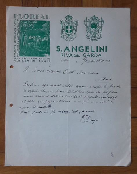 Lettera su carta intestata FLOREAL S. Angelini (Riva del Garda). …