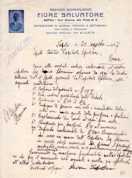 Lettera su carta intestata Agenzia giornalistica FIORE SALVATORE - Napoli. …