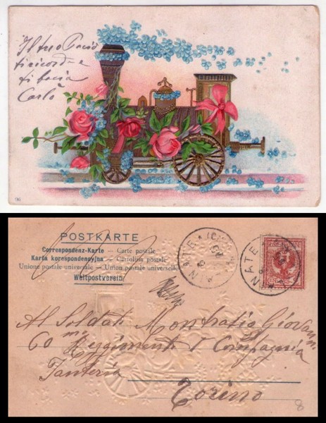 Cartolina illustrata a rilievo locomotiva - fiori. 1905