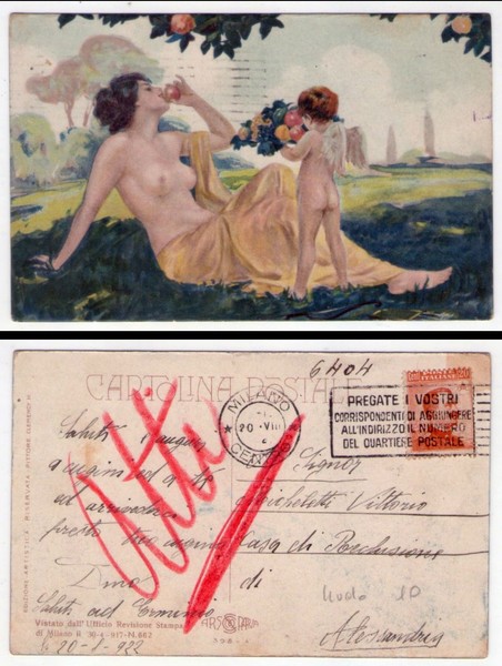 Cartolina osé-nudo femminile classico- putto. 1922