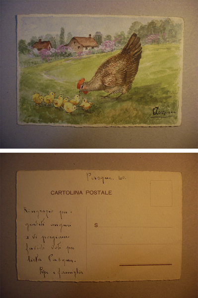 Cartolina disegnata e colorata con acquerello "Buona Pasqua" 1940