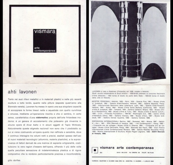 Brochure mostra n.64 AHTI LAVONEN. Galleria Vismara arte contemporanea - …