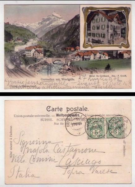 Cartolina/postcard Gurtnellen mit Windgalle. Hotel St. Gotthard. 1904