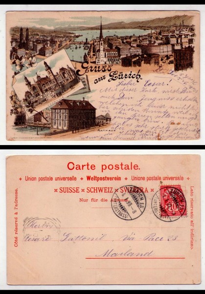 Cartolina/postcard Gruss aus Zürich (Zurigo). 1899