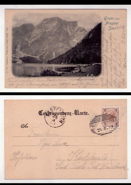 Cartolina/postcard Gruss vom Pragser See. Lago di Braies. 1899