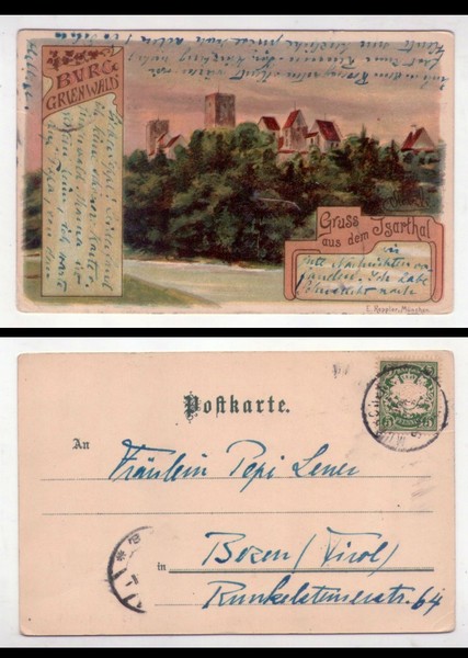 Cartolina/postcard Burg. Grienwald - Gruss aus dem Isarthal. Primi'900