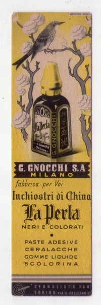 Segnalibro/bookmark G. Gnocchi Milano. Inchiostri di China LA PERLA. PARAVIA …